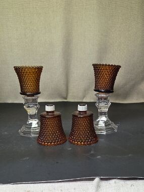 4 vintage Home Interior amber glass hobnail peg votive candle holders.